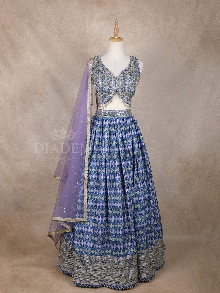 Blue Lehenga Adorned with Floral Embroidery Designs with Matching Dupatta and Sleeveless Blouse - Diadem
