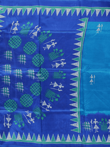 Sky Blue Poly Cotton Saree With Warli Patterns on the Body with Contrast Border - Diadem