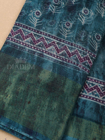 Blue Cotton Saree With Leaf Patterns On the Body with Broad and Small Border - Diadem