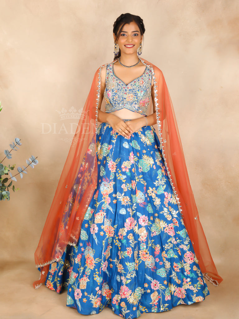 Blue Silk Lehenga with Floral Design