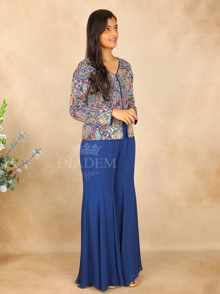 Blue Palazzo Suit with Leaf Patterns