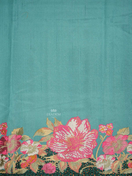 Blue Tussar Silk Saree with Solid Body and with Designed Floral Border - Diadem