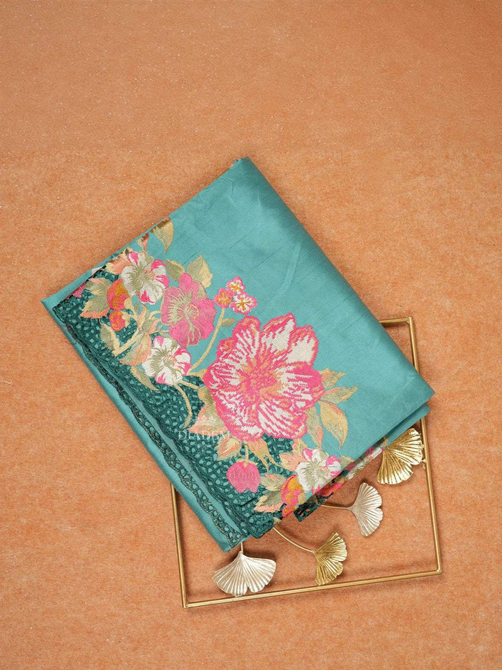 Blue Tussar Silk Saree with Solid Body and with Designed Floral Border - Diadem