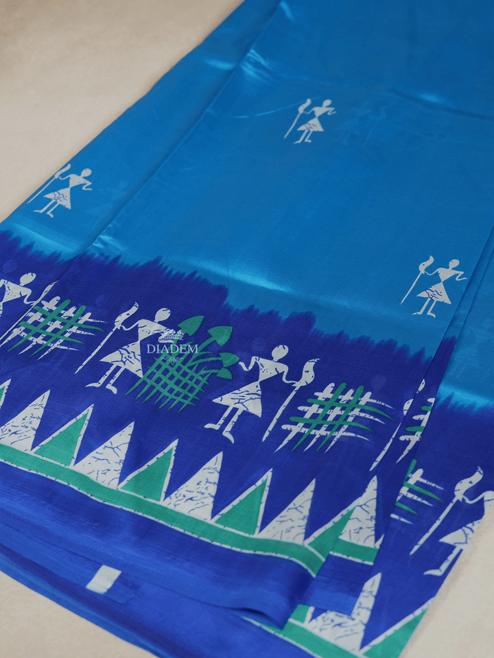 Sky Blue Poly Cotton Saree With Warli Patterns on the Body with Contrast Border - Diadem