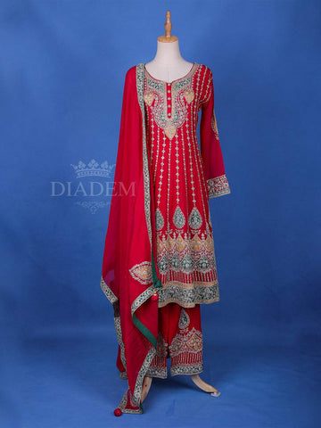 Bright Red Anarkali Salwar Suit and Dupatta - Diadem