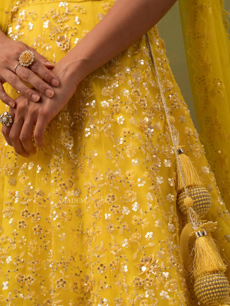 Sleeveless Bright Yellow Lehenga with Floral and Dupatta