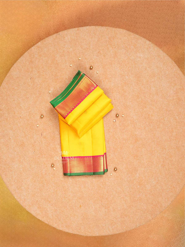 Bright Yellow Pure Kanchipuram Silk Saree With Floral Designs On the Body with Contrast Zari Border - Diadem