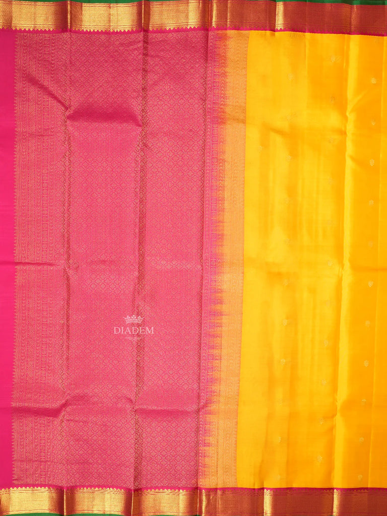 Bright Yellow Kanchipuram Silk Saree Featuring