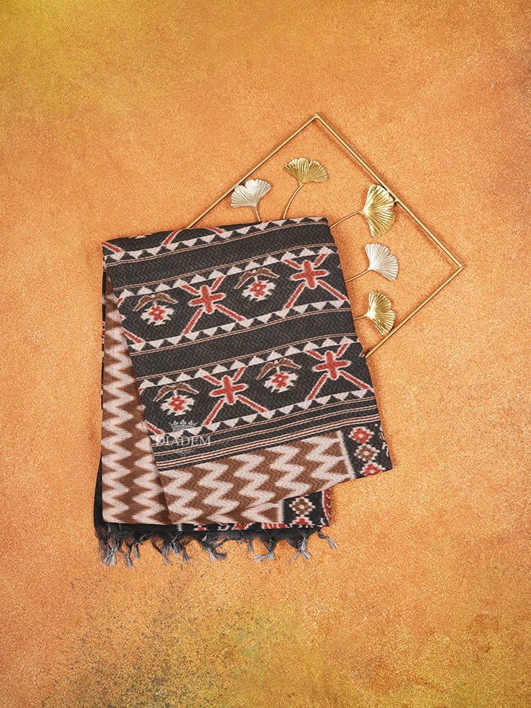 Brown Cotton Saree with Chevron Designs Contrast