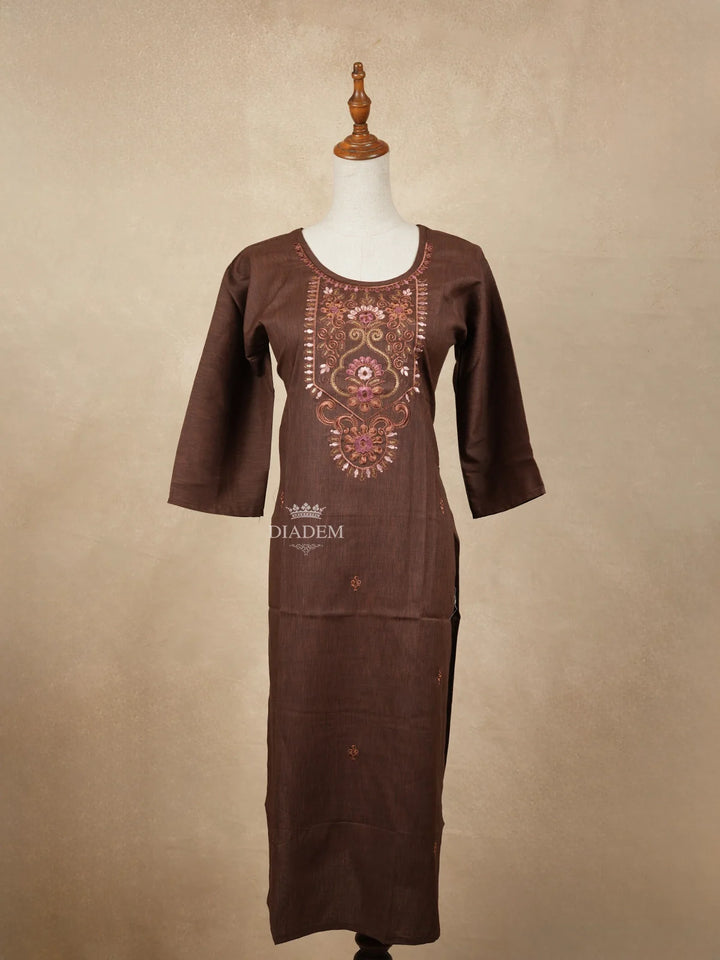 Brown Cotton Kurtis Embellished with Sequins and Embroidery Floral Designs without Dupatta - Diadem