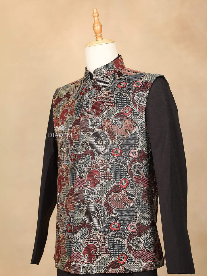 Brown Raw Silk Embroidered Indo-Western Sherwani Suit and Pant - Diadem