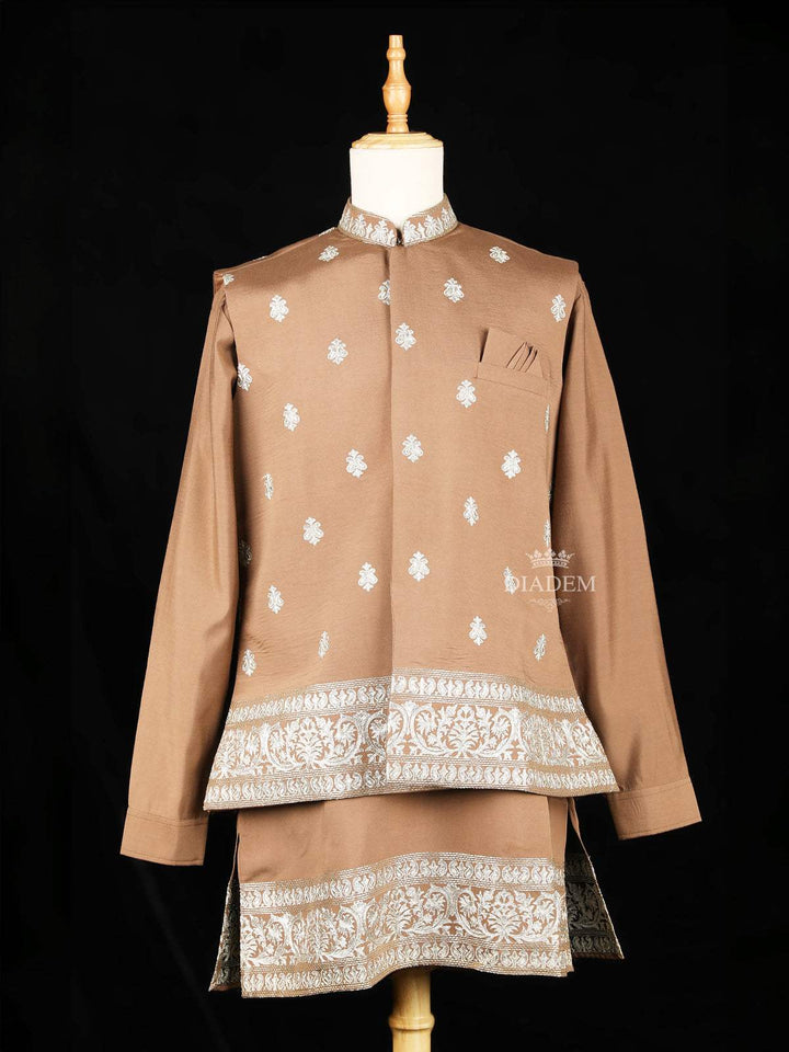 Brown Embroidery Indo-Western Sherwani Suit with Floral designs with Pant and Pocket Square - Diadem