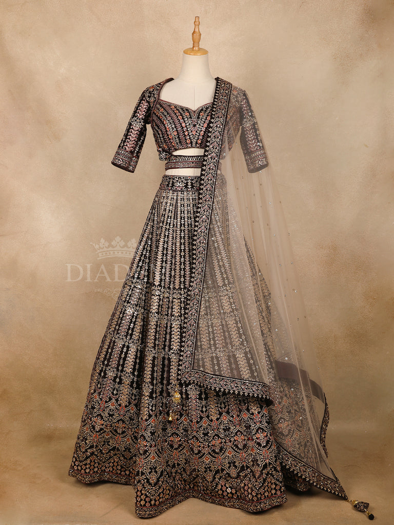 Brown Floral Embroidered Bridal Lehenga