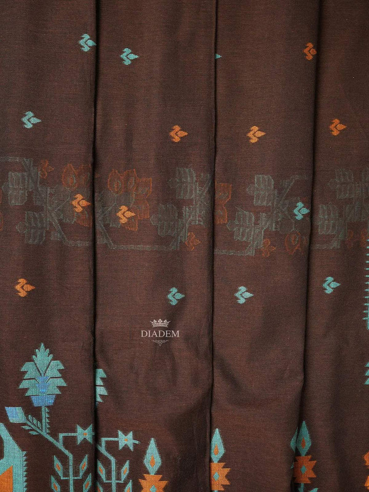 Brown Linen Cotton Saree with Floral and Geometric Designs on the Body with Designed Border - Diadem