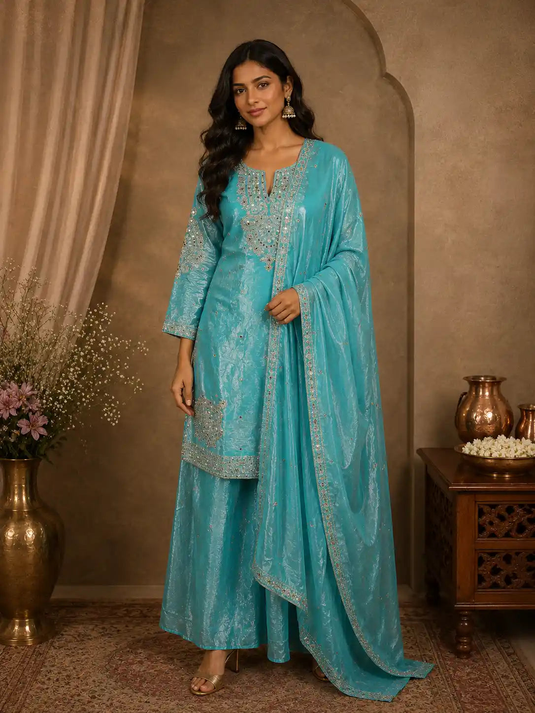 Aqua Teal Blue Beads and Zari Embroidered Design Organza Sharara Suit With Dupatta