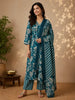 Teal Blue Floral and Striped Printed Design Cotton Salwar Suit