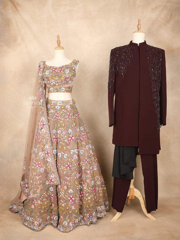 Champagne and Burgundy Couple Pair Set Dress Sequins and Floral Embroidered Lehenga and Sherwani - Diadem