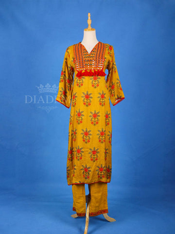 Chrome Yellow Straight Cut Salwar Suit Adorned with Floral Prints and Mirror work - Diadem