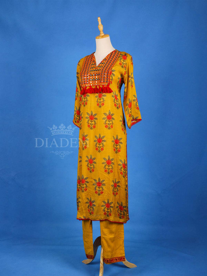 Chrome Yellow Straight Cut Salwar Suit Adorned with Floral Prints and Mirror work - Diadem