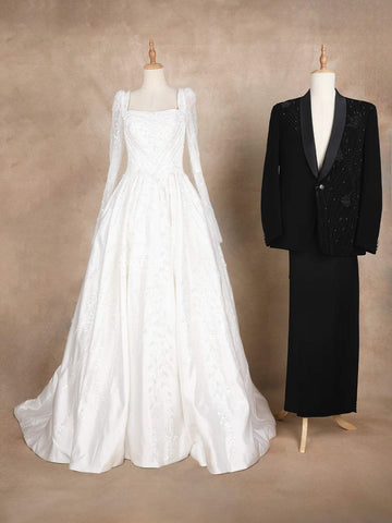 Classic Black and White Exquisite Wedding Gown and Intricately Designed Tuxedo Ensemble Couple Set - Diadem