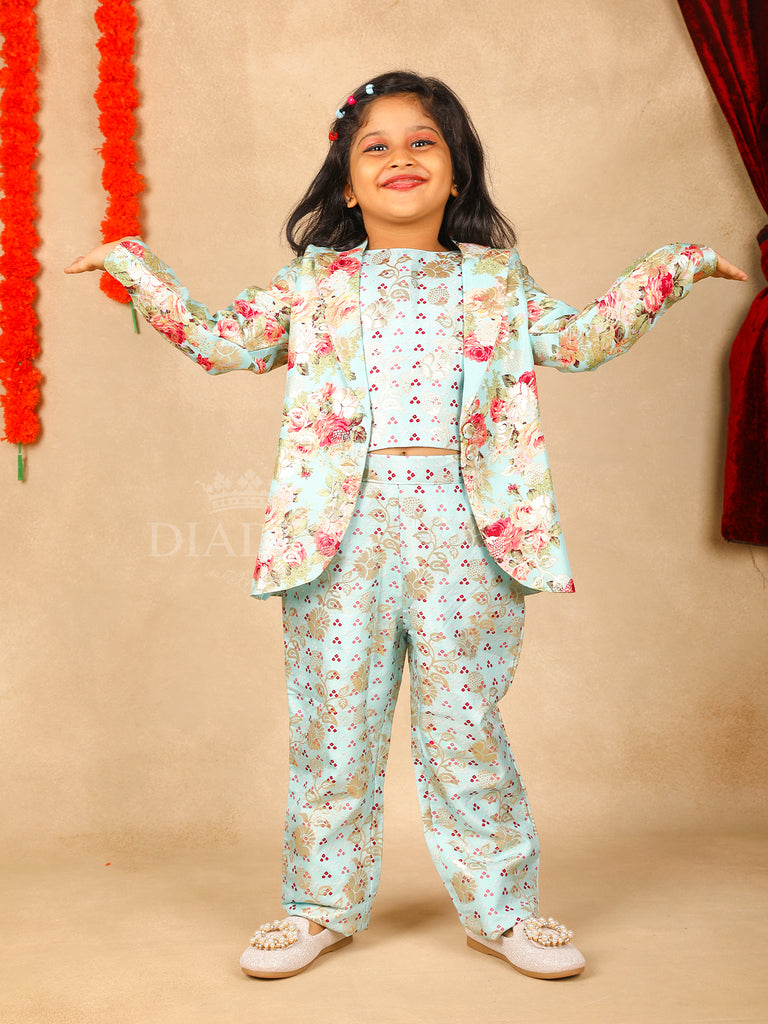 Aqua Blue Floral Print Suit with Closed Neck Style