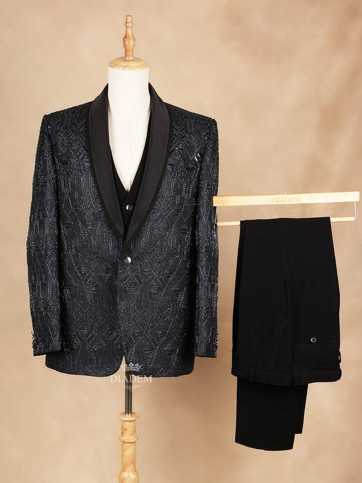 Black Coat Suit Set with Embroidery Designs and Stitched Pants - Diadem