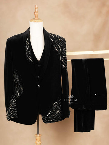 Black Velvet Coat Suit Set with Embroidery Designs and Stitched pant - Diadem