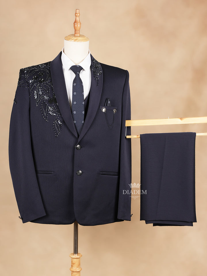 Coat Suit Dark Blue Floral Embroidery Tie