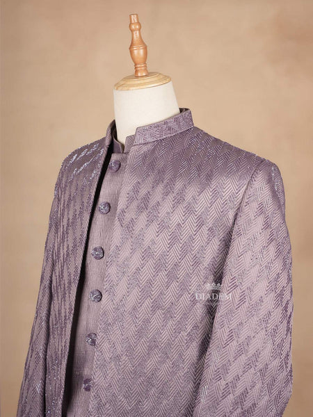 Lavender Coat Suit Set with Chevron Embroidery Designs and Unstitched pant - Diadem