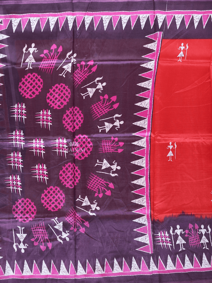 Red Poly Cotton Saree With Warli Patterns on the Body with Contrast Border - Diadem