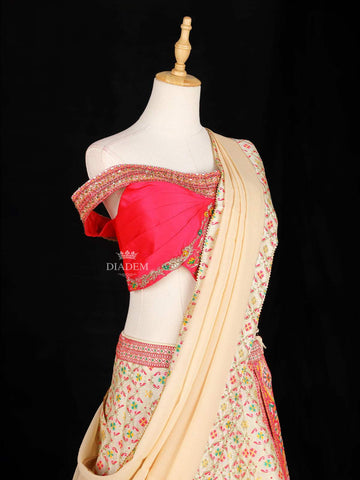 Beige Lehenga Adorned with Floral Prints with Contrast Off Shoulder and Dupatta - Diadem