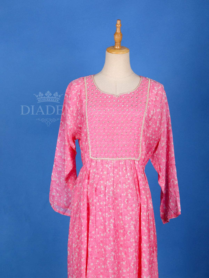 Pink Cotton Anarkali Salwar Suit for Women Embellished with Floral Prints, with 3/4 Sleeve and U-Neck - Diadem