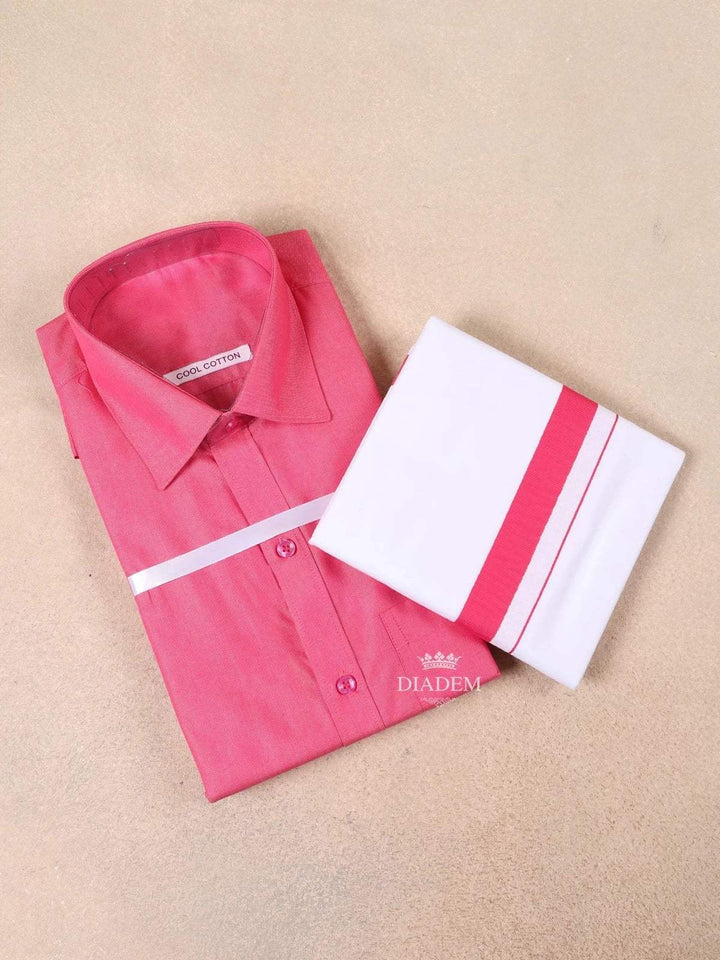 Pink Plain Cotton Full-Sleeve Shirt with Matching Border Dhoti Set - Diadem