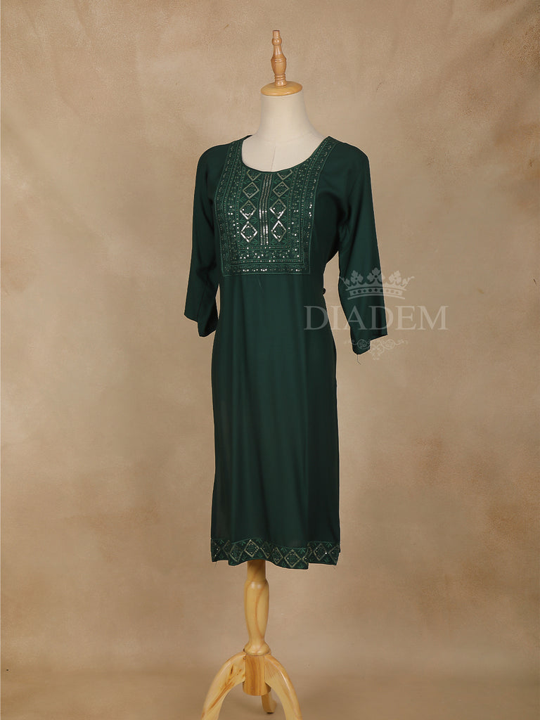 Cotton Kurti Dark Green Solid U-Neck