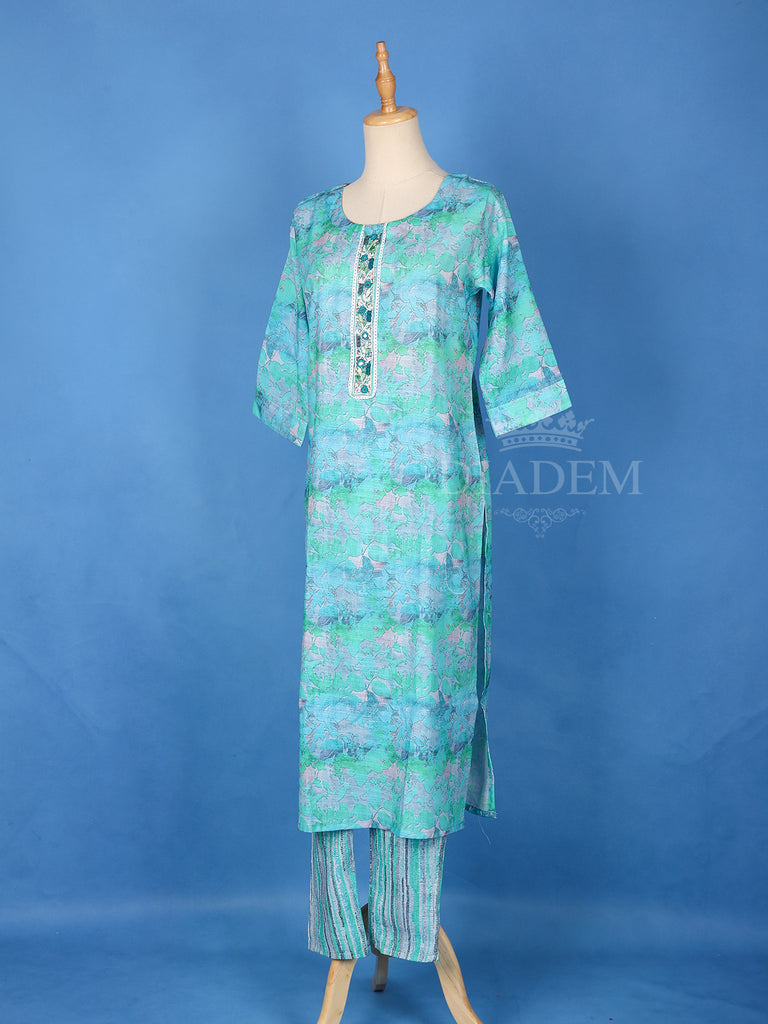 Printed Cotton Salwar Suit Sky Blue with Round