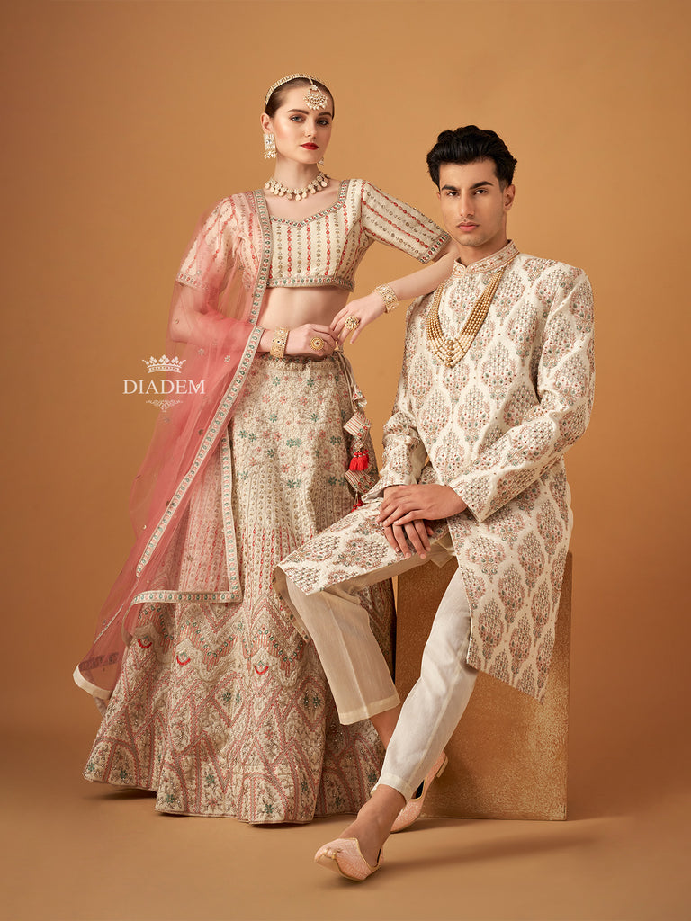 Couple Pair Set Dress in Beige with Sherwani 