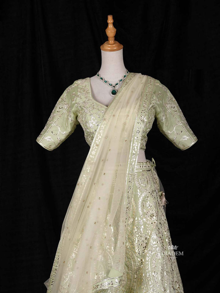 Green Couple Pair Set Dress Adorned with Floral Embroidery Design Lehenga and Sherwani - Diadem