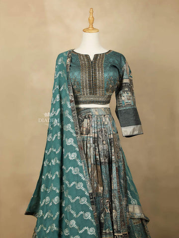 Green Couple Pair Set Dress Adorned with Floral and Human Figures Prints Gown and Sherwani - Diadem