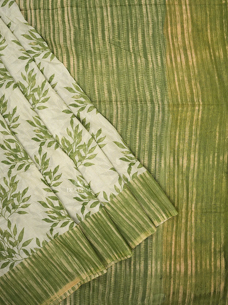 Cream Cotton Saree Leaf Designs with Green