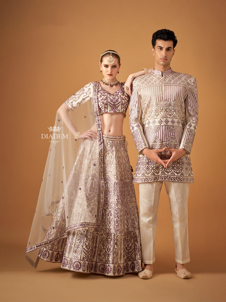 Cream Couple Pair Set Dress Adorned with Floral