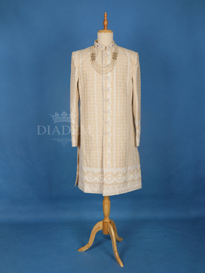 Cream Floral Designed Sherwani