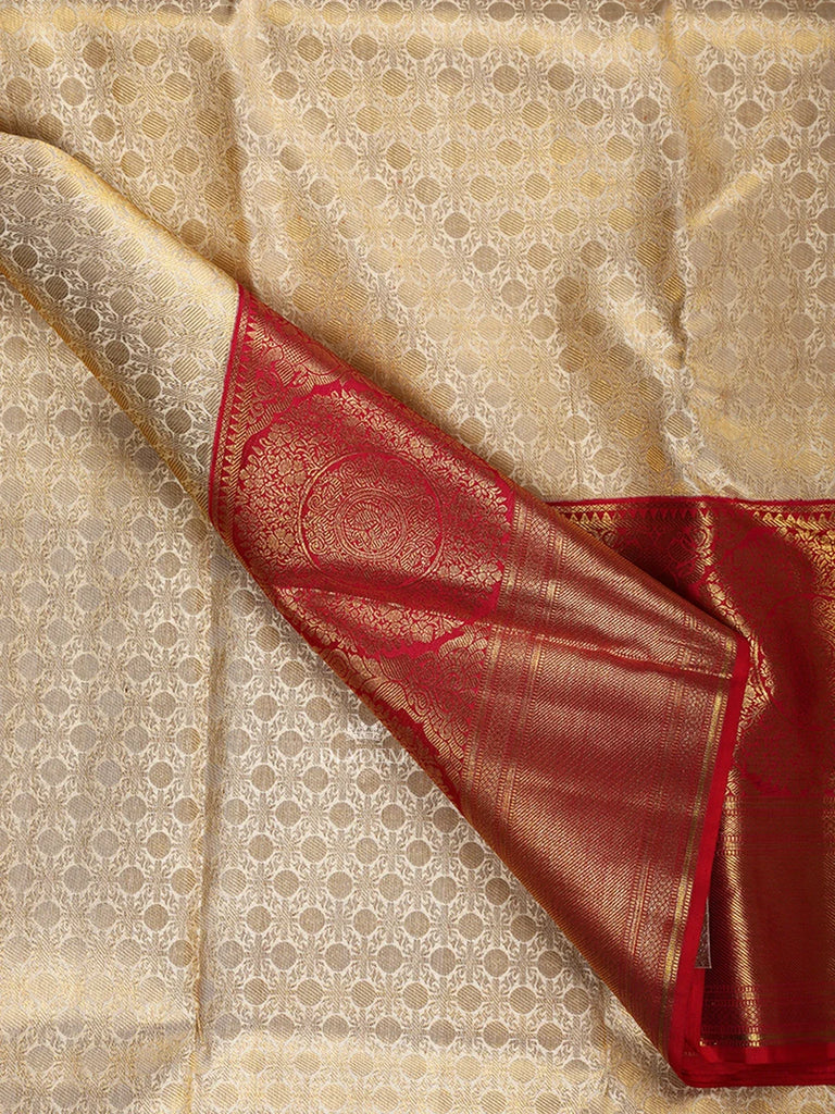 Cream Kanchipuram Silk Saree Geometric Design