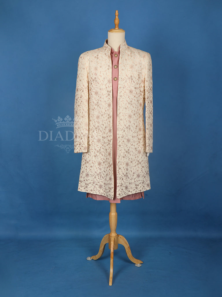 Cream Raw Silk Floral Designed Sherwani