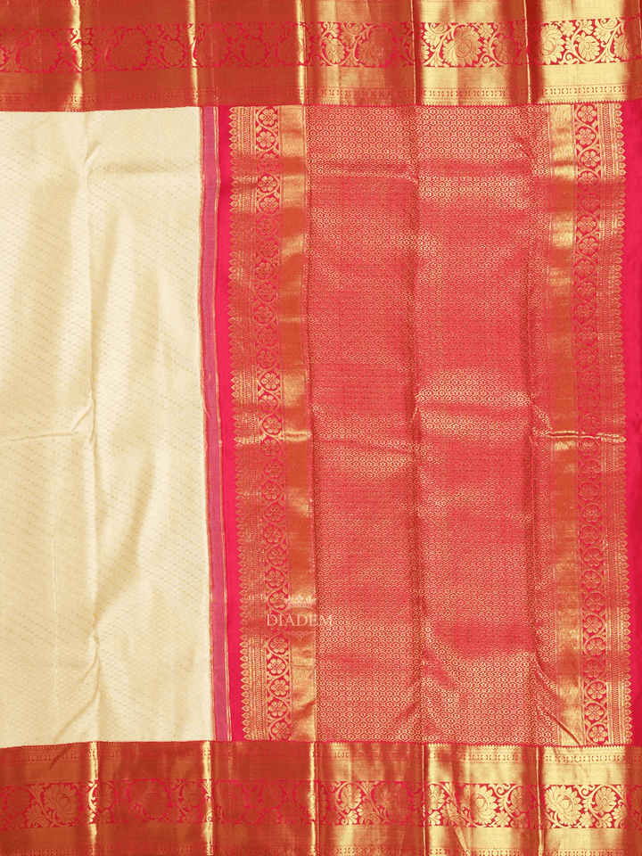 Cream Pure Kanchipuram Silk Saree With Floral and Diamond Patterns On the Body With Designed Contrast Border - Diadem