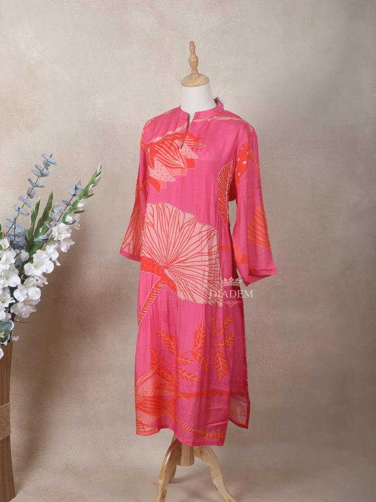 Crepe Kurti Top Pink Adorned with Floral