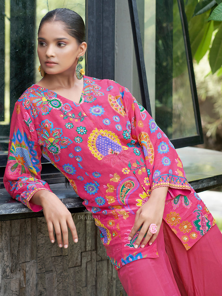 Crepe Palazzo Suit Pink Floral Embroidery