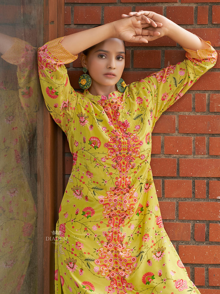 Crepe Palazzo Suit Yellow Floral Embroidery