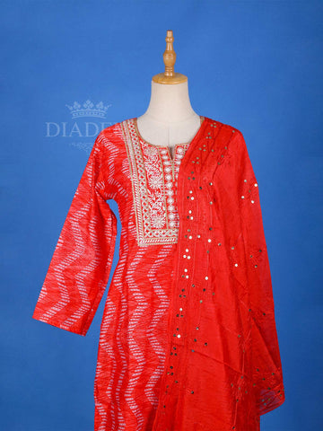 Red Crepe Straight Cut Salwar Suit for Women Adorned with Chevron Prints, With 3/4 Sleeves and Dupatta - Diadem