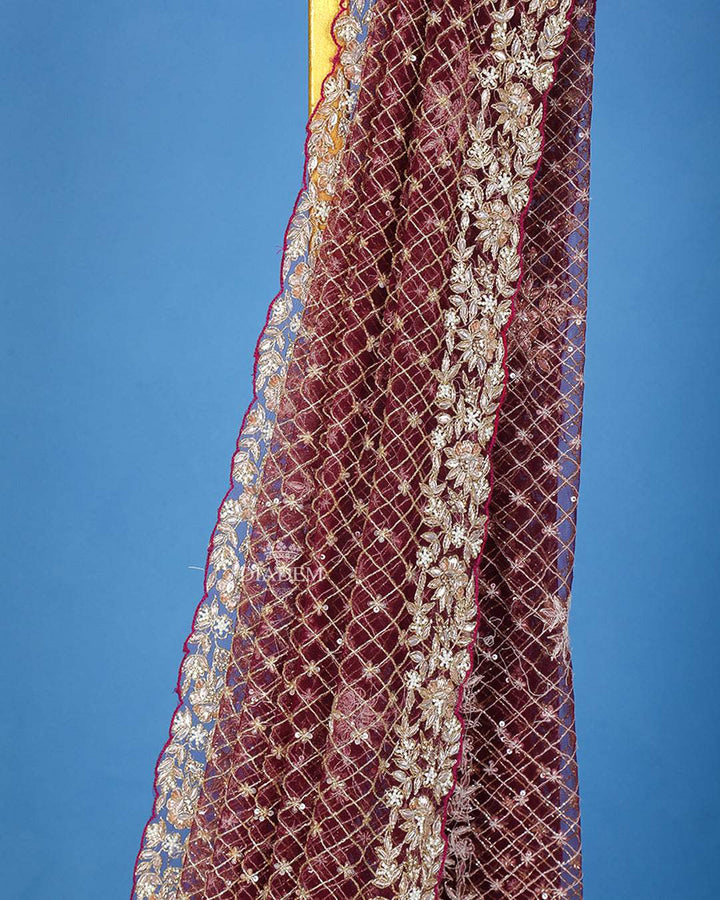 Dark Red Cutdana Embroidery Designed Net Saree - Diadem