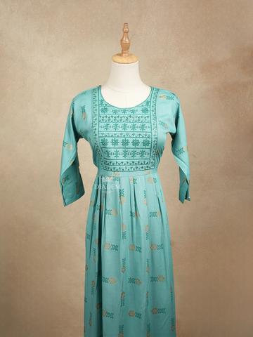 Cyan Blue Cotton Kurtis Adorned With Sequins